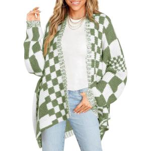 Saodimallsu Womens Checkered Sweater Color Block Plaid Cardigans Oversized Long Sleeve Knit Open Front Coats(Green)