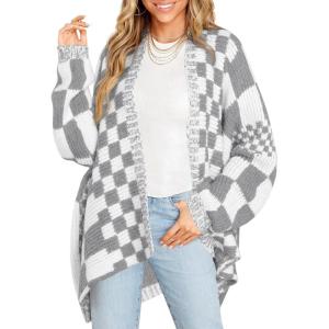 Saodimallsu Womens Checkered Sweater Color Block Plaid Cardigans Oversized Long Sleeve Knit Open Front Coats(Grey)