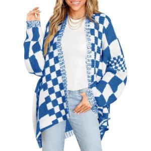 Saodimallsu Womens Checkered Sweater Color Block Plaid Cardigans Oversized Long Sleeve Knit Open Front Coats(Navy Blue)