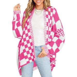 Saodimallsu Womens Checkered Sweater Color Block Plaid Cardigans Oversized Long Sleeve Knit Open Front Coats(Pink)