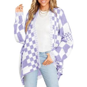 Saodimallsu Womens Checkered Sweater Color Block Plaid Cardigans Oversized Long Sleeve Knit Open Front Coats(Purple)