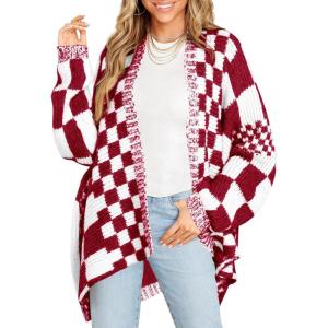 Saodimallsu Womens Checkered Sweater Color Block Plaid Cardigans Oversized Long Sleeve Knit Open Front Coats(Red)