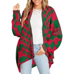 Saodimallsu Womens Checkered Sweater Color Block Plaid Cardigans Oversized Long Sleeve Knit Open Front Coats(Red&green)