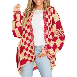 Saodimallsu Womens Checkered Sweater Color Block Plaid Cardigans Oversized Long Sleeve Knit Open Front Coats(Red&yellow)