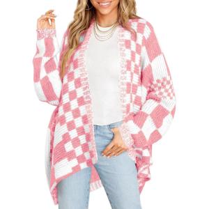 Saodimallsu Womens Checkered Sweater Color Block Plaid Cardigans Oversized Long Sleeve Knit Open Front Coats(White&pink)