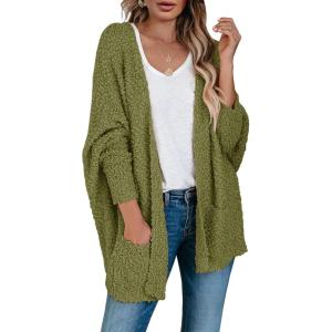 Saodimallsu Women’s Chunky Popcorn Cardigan Oversized Open Front Boyfriend Batwing Long Sleeve Fuzzy Knit Sweaters(Army Green)