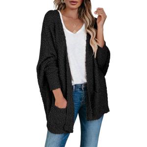 Saodimallsu Women’s Chunky Popcorn Cardigan Oversized Open Front Boyfriend Batwing Long Sleeve Fuzzy Knit Sweaters(Black)