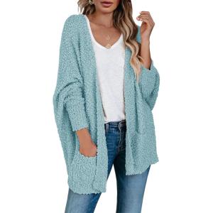 Saodimallsu Women’s Chunky Popcorn Cardigan Oversized Open Front Boyfriend Batwing Long Sleeve Fuzzy Knit Sweaters(Blue)