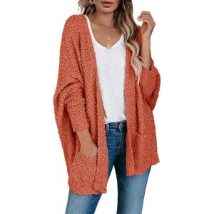 Saodimallsu Women’s Chunky Popcorn Cardigan Oversized Open Front Boyfriend Batwing Long Sleeve Fuzzy Knit Sweaters(Brick Red)