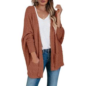 Saodimallsu Women’s Chunky Popcorn Cardigan Oversized Open Front Boyfriend Batwing Long Sleeve Fuzzy Knit Sweaters(Brown)