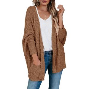 Saodimallsu Women’s Chunky Popcorn Cardigan Oversized Open Front Boyfriend Batwing Long Sleeve Fuzzy Knit Sweaters(Coffee)