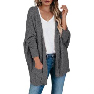 Saodimallsu Women’s Chunky Popcorn Cardigan Oversized Open Front Boyfriend Batwing Long Sleeve Fuzzy Knit Sweaters(Dark Grey)