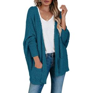 Saodimallsu Women’s Chunky Popcorn Cardigan Oversized Open Front Boyfriend Batwing Long Sleeve Fuzzy Knit Sweaters(Navy)