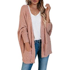 Saodimallsu Women’s Chunky Popcorn Cardigan Oversized Open Front Boyfriend Batwing Long Sleeve Fuzzy Knit Sweaters(Pink)