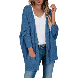 Saodimallsu Women’s Chunky Popcorn Cardigan Oversized Open Front Boyfriend Batwing Long Sleeve Fuzzy Knit Sweaters(Royal Blue)
