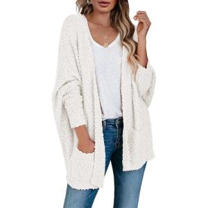 Saodimallsu Women’s Chunky Popcorn Cardigan Oversized Open Front Boyfriend Batwing Long Sleeve Fuzzy Knit Sweaters(White)