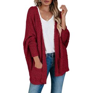 Saodimallsu Women’s Chunky Popcorn Cardigan Oversized Open Front Boyfriend Batwing Long Sleeve Fuzzy Knit Sweaters(Wine Red)