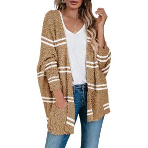 Saodimallsu Women’s Chunky Popcorn Cardigan Oversized Open Front Boyfriend Batwing Long Sleeve Fuzzy Knit Sweaters(Z Striped Khaki)