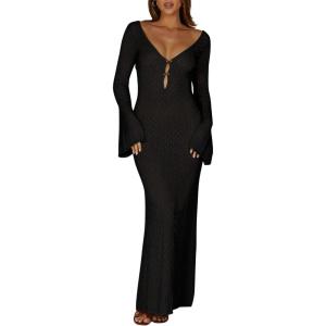 Saodimallsu Womens Crochet Maxi Cover Up Dress Beach Swim Vacation Coverups Long Sleeve Sexy Bodycon Summer Knit Dresses(Black)