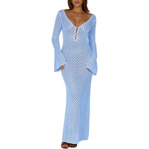 Saodimallsu Womens Crochet Maxi Cover Up Dress Beach Swim Vacation Coverups Long Sleeve Sexy Bodycon Summer Knit Dresses(Blue)