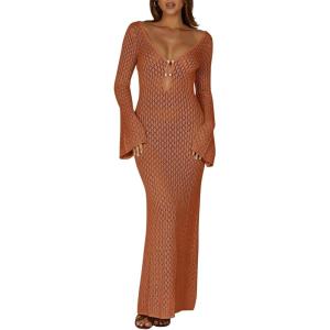 Saodimallsu Womens Crochet Maxi Cover Up Dress Beach Swim Vacation Coverups Long Sleeve Sexy Bodycon Summer Knit Dresses(Brick Red)