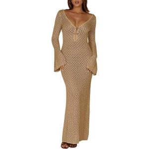 Saodimallsu Womens Crochet Maxi Cover Up Dress Beach Swim Vacation Coverups Long Sleeve Sexy Bodycon Summer Knit Dresses(Khaki)