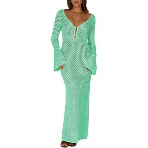 Saodimallsu Womens Crochet Maxi Cover Up Dress Beach Swim Vacation Coverups Long Sleeve Sexy Bodycon Summer Knit Dresses(Mint Green)