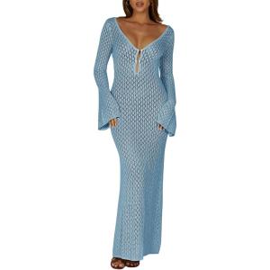 Saodimallsu Womens Crochet Maxi Cover Up Dress Beach Swim Vacation Coverups Long Sleeve Sexy Bodycon Summer Knit Dresses(Navy Blue)