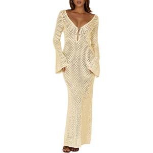 Saodimallsu Womens Crochet Maxi Cover Up Dress Beach Swim Vacation Coverups Long Sleeve Sexy Bodycon Summer Knit Dresses(Off-white)