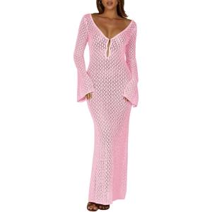 Saodimallsu Womens Crochet Maxi Cover Up Dress Beach Swim Vacation Coverups Long Sleeve Sexy Bodycon Summer Knit Dresses(Pink)