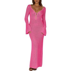Saodimallsu Womens Crochet Maxi Cover Up Dress Beach Swim Vacation Coverups Long Sleeve Sexy Bodycon Summer Knit Dresses(Rose Red)