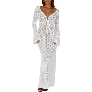 Saodimallsu Womens Crochet Maxi Cover Up Dress Beach Swim Vacation Coverups Long Sleeve Sexy Bodycon Summer Knit Dresses(White)
