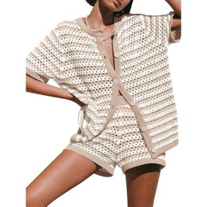 Saodimallsu Womens Crochet Swimsuit Coverup Summer Beach Sets Striped Knit Short Sleeve Button Shirts 2 Piece Short Set(Khaki)