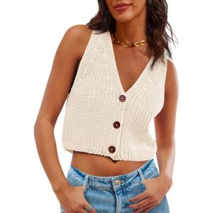 Saodimallsu Womens Cropped Sweater Vest V Neck Button Down Y2k Crop Knit Summer Trendy Sleeveless Chunky Tank Tops(Apricot)