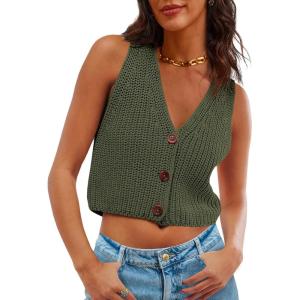Saodimallsu Womens Cropped Sweater Vest V Neck Button Down Y2k Crop Knit Summer Trendy Sleeveless Chunky Tank Tops(Army Green)