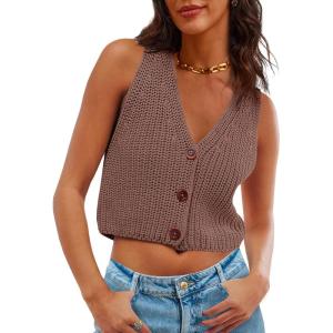 Saodimallsu Womens Cropped Sweater Vest V Neck Button Down Y2k Crop Knit Summer Trendy Sleeveless Chunky Tank Tops(Coffee)