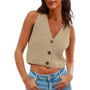 Saodimallsu Womens Cropped Sweater Vest V Neck Button Down Y2k Crop Knit Summer Trendy Sleeveless Chunky Tank Tops(Dark Khaki)
