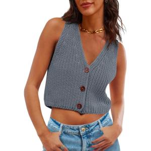 Saodimallsu Womens Cropped Sweater Vest V Neck Button Down Y2k Crop Knit Summer Trendy Sleeveless Chunky Tank Tops(Grey)