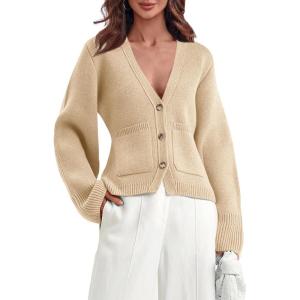 Saodimallsu Womens Deep V Neck Cardigan Sweaters Open Front Button Down Long Sleeve Cropped Knit Coats with Pockets(Apricot)