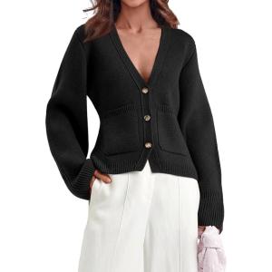 Saodimallsu Womens Deep V Neck Cardigan Sweaters Open Front Button Down Long Sleeve Cropped Knit Coats with Pockets(Black)