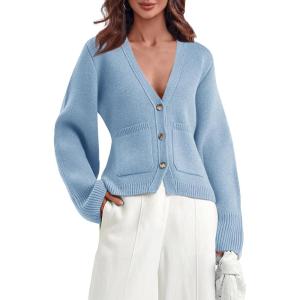 Saodimallsu Womens Deep V Neck Cardigan Sweaters Open Front Button Down Long Sleeve Cropped Knit Coats with Pockets(Blue)