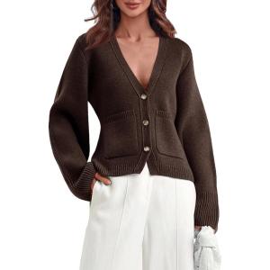 Saodimallsu Womens Deep V Neck Cardigan Sweaters Open Front Button Down Long Sleeve Cropped Knit Coats with Pockets(Brown)