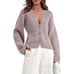 Saodimallsu Womens Deep V Neck Cardigan Sweaters Open Front Button Down Long Sleeve Cropped Knit Coats with Pockets(Camel)