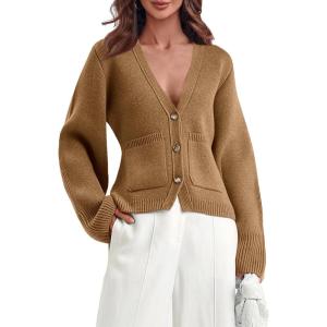 Saodimallsu Womens Deep V Neck Cardigan Sweaters Open Front Button Down Long Sleeve Cropped Knit Coats with Pockets(Dark Khaki)