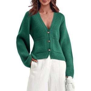 Saodimallsu Womens Deep V Neck Cardigan Sweaters Open Front Button Down Long Sleeve Cropped Knit Coats with Pockets(Green)