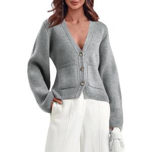 Saodimallsu Womens Deep V Neck Cardigan Sweaters Open Front Button Down Long Sleeve Cropped Knit Coats with Pockets(Grey)