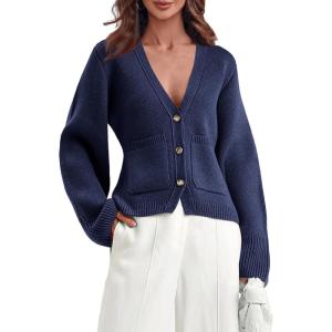 Saodimallsu Womens Deep V Neck Cardigan Sweaters Open Front Button Down Long Sleeve Cropped Knit Coats with Pockets(Navy)