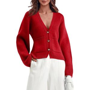 Saodimallsu Womens Deep V Neck Cardigan Sweaters Open Front Button Down Long Sleeve Cropped Knit Coats with Pockets(Red)