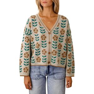 Saodimallsu Womens Floral Print V Neck Cardigan Open Front Button Down Knit Sweater Long Sleeve Loose Fashion Tops(Apricot)