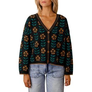 Saodimallsu Womens Floral Print V Neck Cardigan Open Front Button Down Knit Sweater Long Sleeve Loose Fashion Tops(Black)